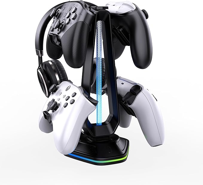 RGB Headset Stand with 9 Light Modes and 2 USB Charging Ports - Controller Holder for Desk - Headphone Stand & Detachable Controller Hook for PC Earphone Gaming Room Setup Accessories