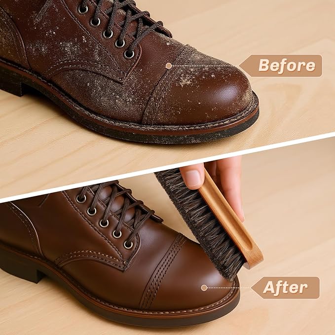 4 Pcs Horsehair Shine Shoes Brush Kit Polish Dauber Applicators Cleaning Leather Shoes Boots Care Brushes Suede Cleaner Brush with Microfiber Shoe Cloth(Wooden Style A)