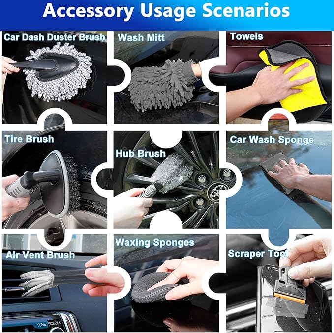 THINKWORK Car Wash Kit, Car Washing Brush with Long Handle, Extendable Car Wash Brush Mop with 2-in-1 Windshield Squeegee and 9Pcs Detailing Brushes, Gray Car Detailing Kit Gift for Men