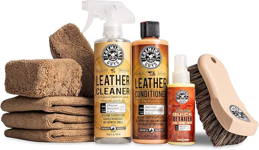 Chemical Guys Leather Cleaner and Conditioner Detailing Kit - Leather Care Kit For Natural, Synthetic, Faux, Pleather, and More for Car Interiors, Apparel, Furniture, Boots & Accessories - 9 Items