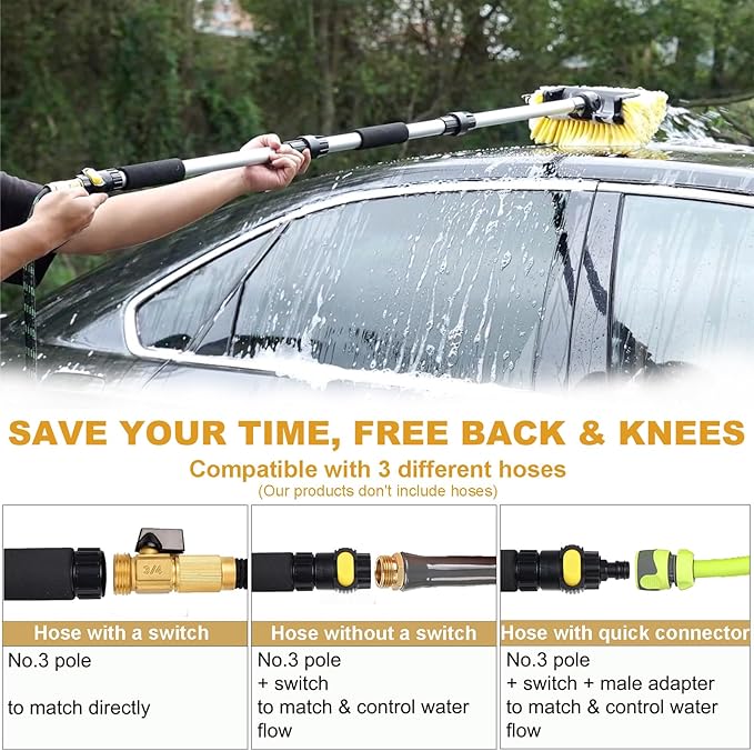 54" Car Wash Brush with Long Handle and 12" Soft Bristle Brush Head, Water Flow-Thru Car Washing Brush with Hose Attachment for Cleaning Car, RV, Truck, Boat, Camper, House Siding and More