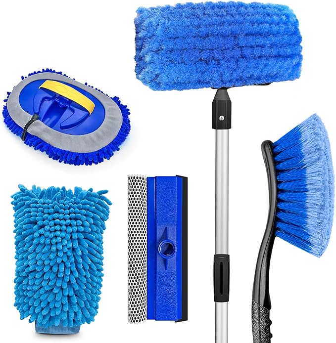 65'' Five-Sided Car Wash Brush with Long Handle, Scratch-Free Car Cleaning Kit with Soft Wash Brush, Tire Brush, Window Squeegee, Car Wash Mitt, Microfiber Cleaning Head & Extension Pole