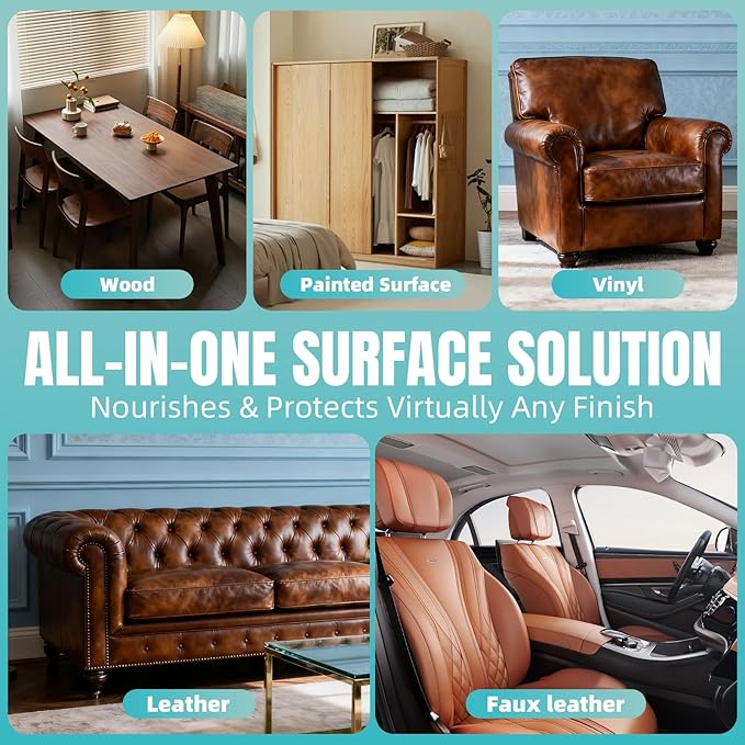 Furniture Salve for Leather - 4oz Professional Furniture Restorer, Polisher & Moisturizer for Couches, Chairs, Tables - Conditioner for Leather, Vinyl & Wood Surfaces - with Brush & Towel