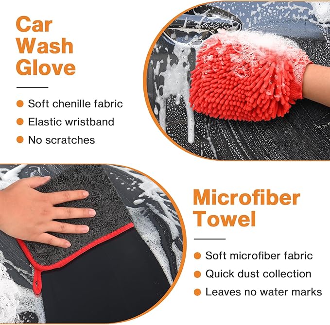 Preciva 5PCS Car Wheel & Tire Brush Kit -Car Cleaning Kit, Wheel Cleaner Brush, Soft-bristled Rim Brush, Car Drying Towel, Car Detailing Cleaning Wash Brush Supplies Kit for Interior Exterior Wheels