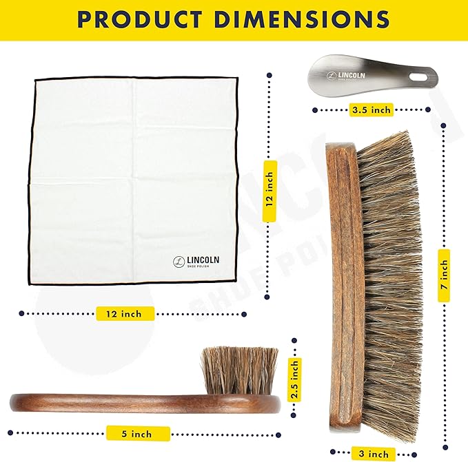 Lincoln Shoe Shine Brush Kit 7 Piece Set – Premium 100% Horsehair Brush Set with 6.7" Shine Brush, 2 Applicators, 2 Shoe Horns & 2 Soft Polish Cloths – Leather Shoe Care Kit for Men & Women