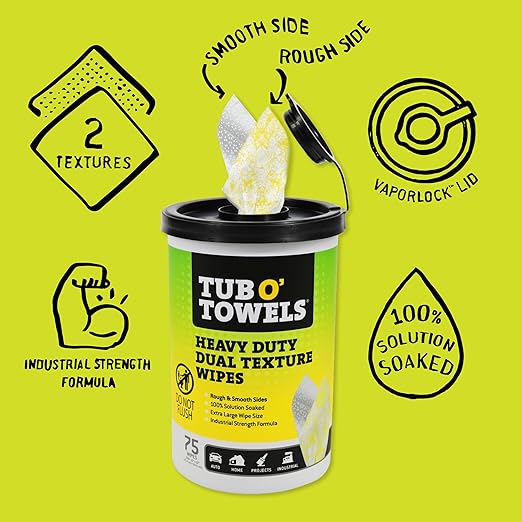 Tub O’ Towels TW75 Heavy-Duty 10" x 12" Size Multi-Surface Cleaning Wipes, Dual Texture, 75 Count Per Canister, 6 Pack