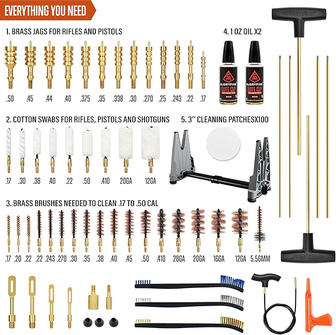 GLORYFIRE Elite Gun Cleaning Kit, Handgun Shotgun Pistol Universal Cleaning Kit with All Brass High-end Brushes, Jags, Reinforced and Lengthened Rods