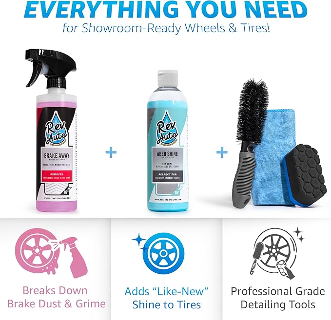 Rev Auto Complete Wheel and Tire Cleaner Kit - Removes Brake Dust & Adds Shine to Tires | Safe for OEM & Aftermarket | Includes Rim Cleaner, Detail Brush, Tire Shine, Applicator Pad, Towel (5-Piece)