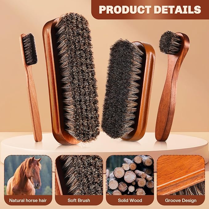 4 Pcs Horsehair Shine Shoes Brush Kit Polish Dauber Applicators Cleaning Leather Shoes Boots Care Brushes Suede Cleaner Brush with Microfiber Shoe Cloth(Brown Style A)