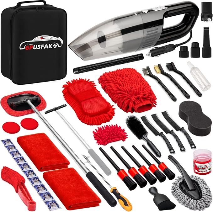 45Pcs Car Wash Cleaning Kit with High Power Handheld Vacuum Windshield Cleaning Tool with Side Mirror Squeegee Detailing Brushes Tire Brush Towels Complete Detailing Set for Car