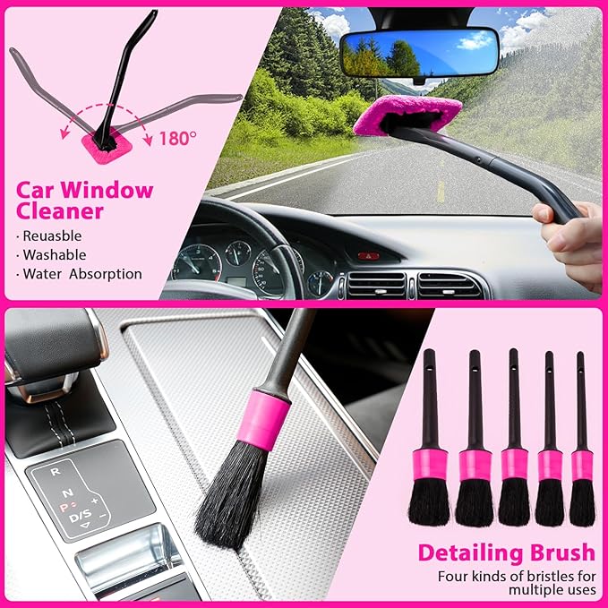 THINKWORK Car Detailing Kit Interior Cleaner, Car Cleaning Kit with 8000PA Cordless Pink Handheld Vacuum Cleaner, Car Interior Detailing Brush Set, Pink Car Accessories, Gift for Women