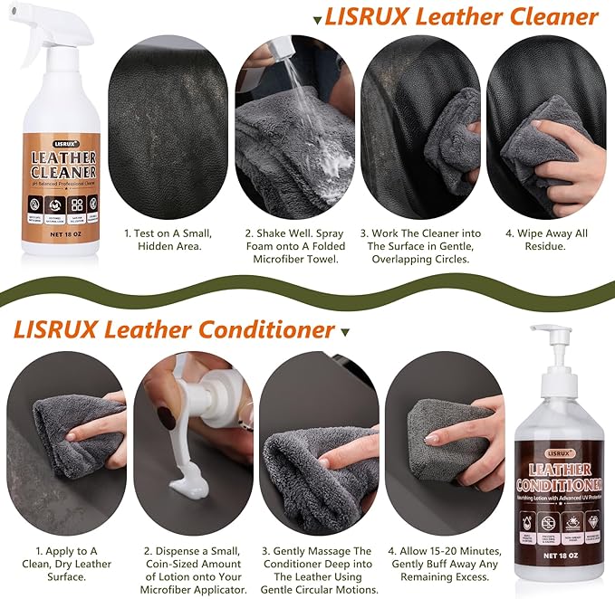 Leather Cleaner and Conditioner Kit-2×18oz Leather Care For Car Seats, Furniture, Couches, Shoes & Boots, Restores & Protects All Leather For Natural, Synthetic, Faux, Pleather, pH-Balanced