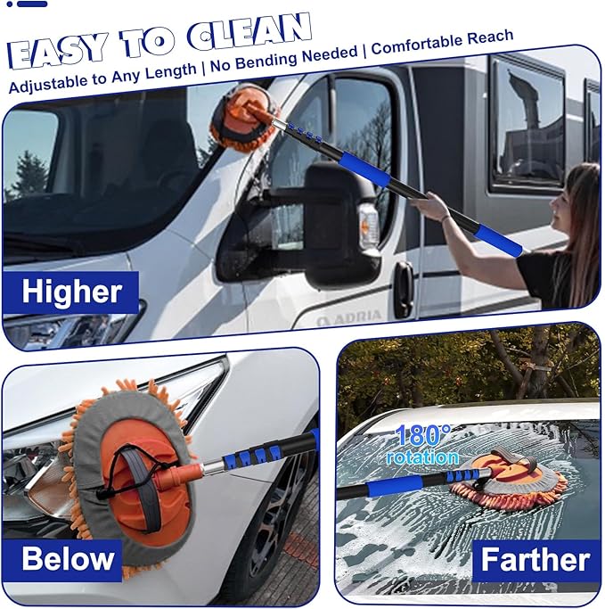 26Ft Reach Car Wash Kit with 5-20FT Telescopic Extension Pole, Car Wash Brush with Long Handle, Wheel Tire Brush, Car Wash Mop, Mitt, Squeegee for Cleaning Car, SUV, RV, Boats, Solar Panels