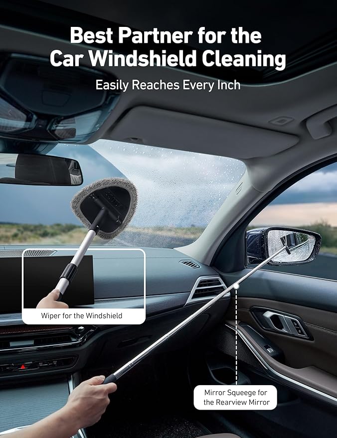 AstroAI Car Windshield Cleaner Tool, Window Cleaning Kit with 39in Car Mirror Squeegee, 4 Reusable Microfiber Pads and Extendable Handle, Gray