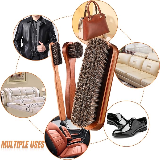 4 Pcs Horsehair Shine Shoes Brush Kit Polish Dauber Applicators Cleaning Leather Shoes Boots Care Brushes Suede Cleaner Brush with Microfiber Shoe Cloth(4 Pcs Style A)