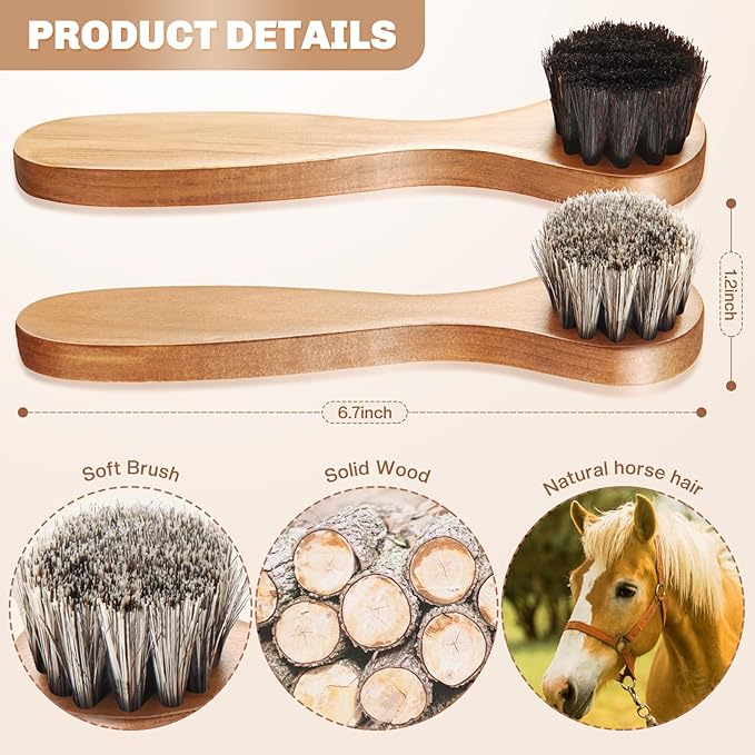 4 Pcs Horsehair Shine Shoes Brush Kit Polish Dauber Applicators Cleaning Leather Shoes Boots Care Brushes Suede Cleaner Brush with Microfiber Shoe Cloth(Wooden Handle B)