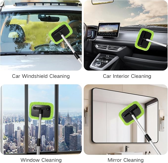 11pcs Windshield Cleaner Tool, Car Window Cleaning Wash Kit with 6 Reusable Microfiber Pads 2 Spray Bottles and Extendable Handles Auto Glass Wiper Kit, Blue & Green