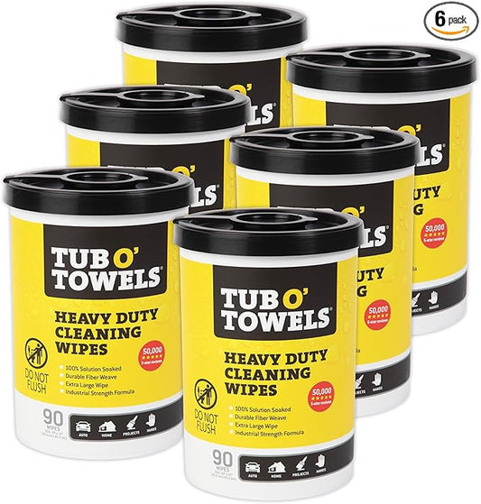 Tub O' Towels TW90 Heavy-Duty 10" x 12" Size Multi-Surface Cleaning Wipes, 90 Count Per Canister, 6 Pack