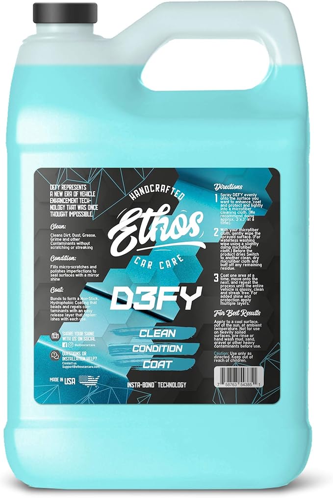 Ethos Defy - 3 in 1 Ceramic Coating - Waterless Car Wash Spray & Wax - Car Wax Spray Rnseless Wash - Hydrophobic Top Coat - Polish & Polymer Paint Sealant Protection - with Insta-Bond Technology