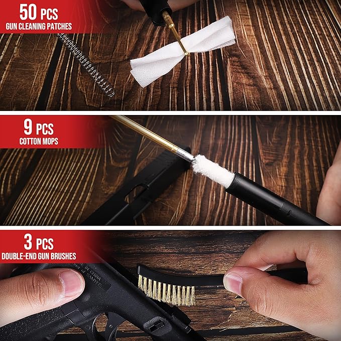 GLORYFIRE Gun Cleaning Kit Handgun Shotgun Pistol Cleaning Kit for All Guns with High-end Brass Brushes, Mops, Jags, Reinforced, Lengthened Rods and Gun Cleaning Snake&Ropes