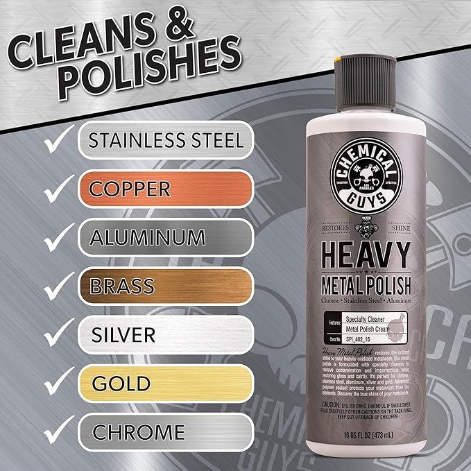 Chemical Guys Heavy Metal Polish Restorer and Protectant - Cleans, Restores & Protects, Aluminum, Stainless Steel, Chrome Polish & More, Safe for Cars, Trucks, Motorcycles, RVs, and Boats - 16 oz