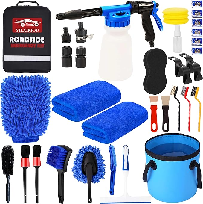YILAIRIOU Car Wash Kit Cleaning Kits with Foam Gun Sprayer Bucket Towels Tire Brush Wash Mitt Sponge Duster Brush Car Wash Detailing Kit is Complete Car Care Tools