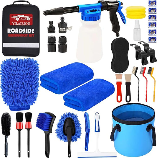 YILAIRIOU Car Wash Kit Cleaning Kits with Foam Gun Sprayer Bucket Towels Tire Brush Wash Mitt Sponge Duster Brush Car Wash Detailing Kit is Complete Car Care Tools