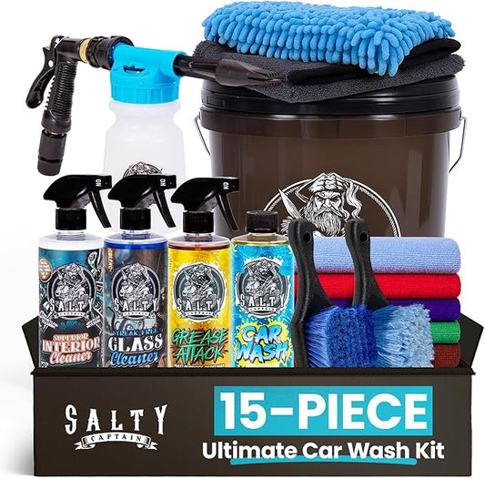 Salty Captain Ultimate 15-Piece Car Cleaning Kit – Car Wash Kit with 15L Bucket, Hand Mitt Towels, Brushes & 4x Cleaning Fluids – Includes Foam Blaster Gun – Premium Quality & Easy to Use