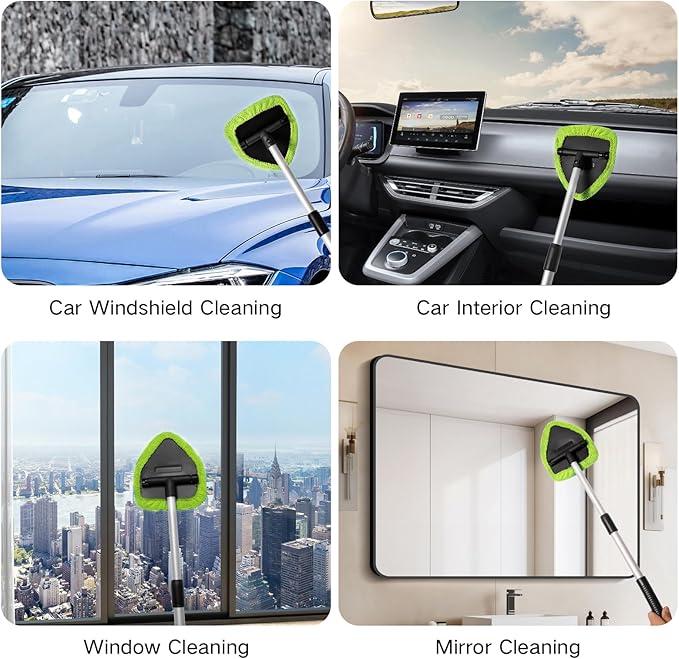 11pcs Windshield Cleaner Tool, Car Window Cleaning Wash Kit with 6 Reusable Microfiber Pads 2 Spray Bottles and Extendable Handles Auto Glass Wiper Kit, Green