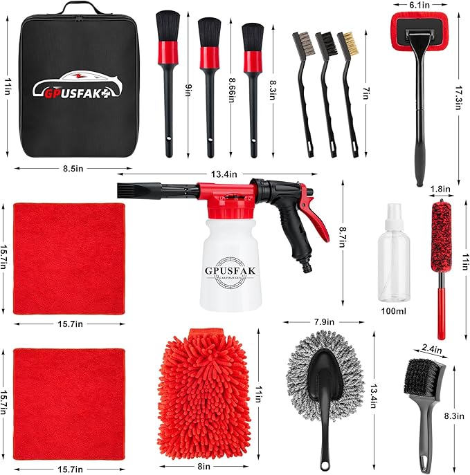 16Pcs Car Wash Cleaning Kit with Foam Gun Sprayer Detailing Brushes Windshield Cleaning Tool Rim and Tire Brush Towels Complete Interior Exterior Detailing Set for Car