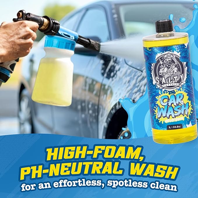 Salty Captain Mega 20-Piece DIY Car Cleaning Kit – All-in-One Car Detailing Kit with 2X Buckets, Towels, Brushes & 6X Cleaning Fluids – Captain’s Musket Foam Gun for Garden Hose – Premium Quality