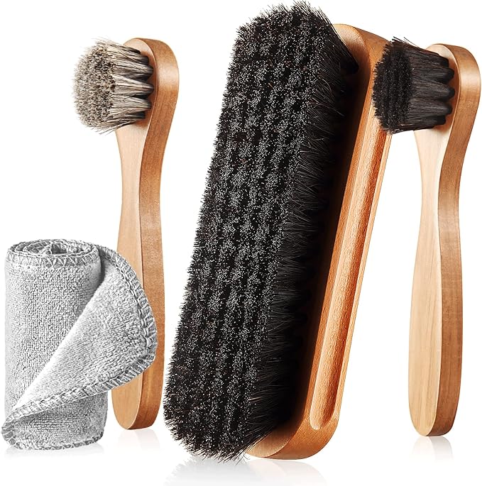 4 Pcs Horsehair Shine Shoes Brush Kit Polish Dauber Applicators Cleaning Leather Shoes Boots Care Brushes Suede Cleaner Brush with Microfiber Shoe Cloth(4 Pcs Style B)