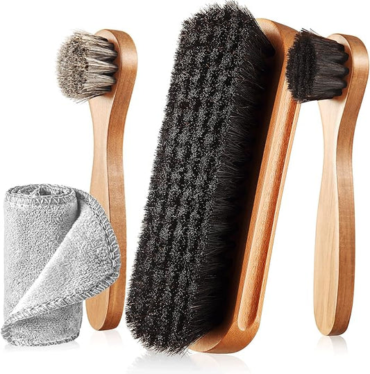 4 Pcs Horsehair Shine Shoes Brush Kit Polish Dauber Applicators Cleaning Leather Shoes Boots Care Brushes Suede Cleaner Brush with Microfiber Shoe Cloth(4 Pcs Style B)