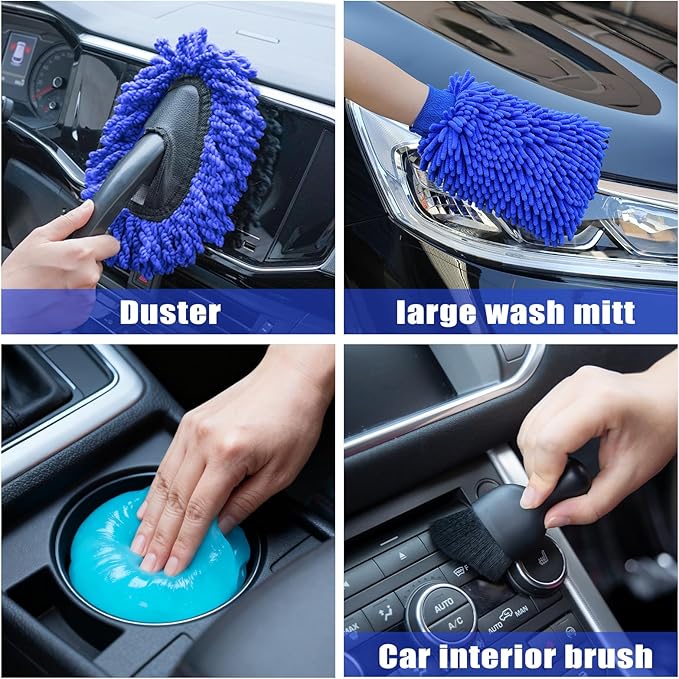 AUTODECO Car Wash Detailing Kit Cleaning Kits with Foam Gun Sprayer, Car Wash Brush and Large Wash Mitt Duster for Car Interior and Exterior Cleaning (Blue)