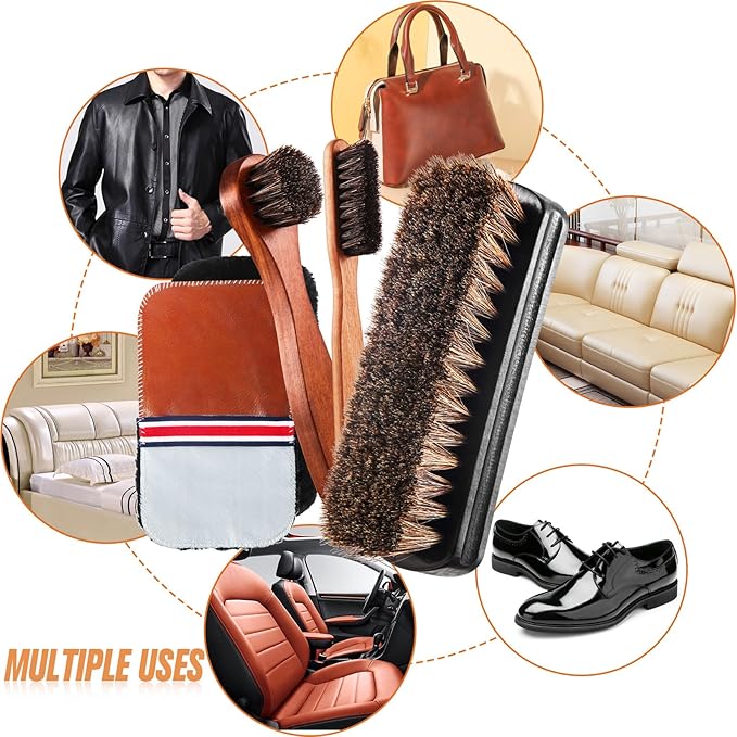 6 Pcs Horsehair Shine Shoes Brush Kit Polish Dauber Applicators Cleaning Leather Shoes Boots Care Brushes Suede Cleaner Brush with Microfiber Shoe Gloves(6 Pcs Style E)