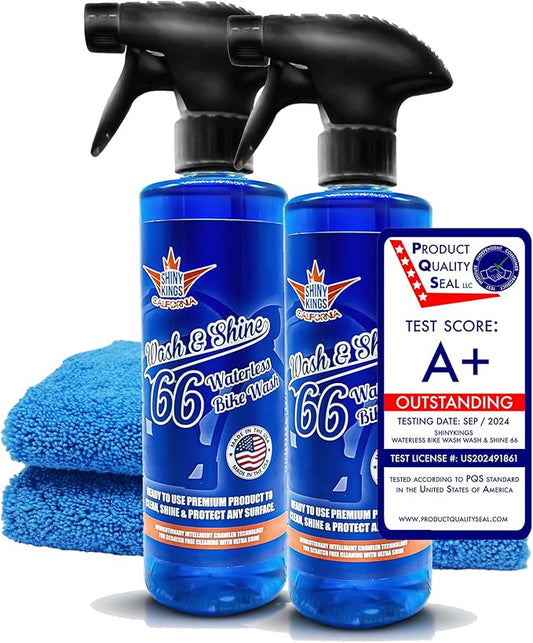 Shinykings Motorcycle Cleaner Wash&Shine 66 | 2x16 fl oz WATERLESS Motorcycle Wash with Ultra Shine Effect | Powerful Detailing Spray for All Surfaces | Motorcycle Cleaning Kit California |