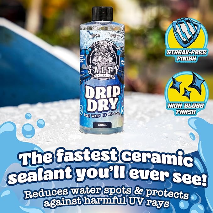 Salty Captain Drip Dry Hydrophobic Coating 33.8 oz – Post Wash Hydro Coat Safe for Cars, Boats & RVs – Glossy, UV-Protected Finish – Foam Gun Compatible & Easy to Apply – Premium Lab Tested Quality