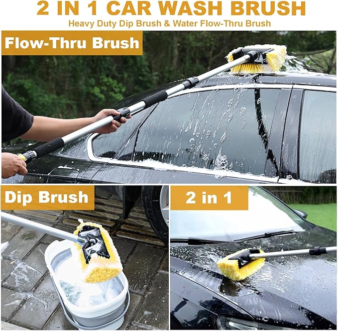 70" RV Wash Brush with Long Handle and 12" Soft Bristle Brush Head, Water Flow-Thru Truck Washing Brush with Hose Attachment for Cleaning Car, SUV, Boat, Camper, House Siding and Solar Panels