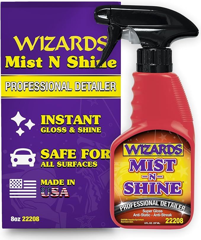 Wizards Mist-N-Shine Detail Spray - 8 Oz - Multi-Purpose High Gloss Finish Waterless Quick Detailer Spray for Glass, Chrome, Paint and Plastics - Car Exterior Cleaner for Auto Detailing Supplies