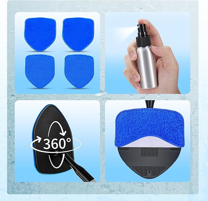 XINDELL Windshield Cleaner Tool, Car Interior Glass Cleaning Kit with 360° Rotating Head and Extendable Handle, Reusable Microfiber Pads, Auto Detailing Windshield Cleaning Tool for Cars Trucks - Blue