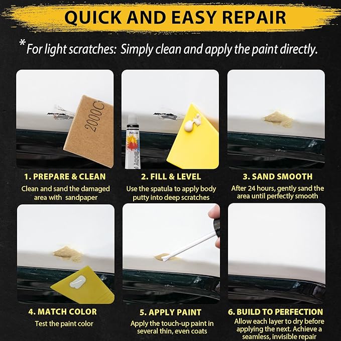 Car Scratch Remover, 30ml Sliver Car Paint Touch Up for Deep Scratches, Quick Drying, Easy to Use, Includes Body Putty & Sandpaper for Professional DIY Finish