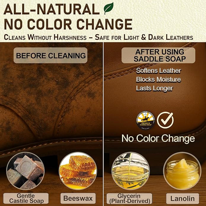 Saddle Soap for Leather – All-Natural 3-in-1 Leather Cleaner & Conditioner Kit with Horsehair Brush & Cloth – For Boots, Bags, Saddles, Car Interiors, Shoes 3.52oz