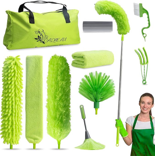 Microfiber Duster with Extension Pole 30 to 100'', Bendable Reusable Washable Feather Dusters for Cleaning High Ceiling Fan, Cobweb, Blinds, Keyboard, Furniture & Cars, Green Gift for Women (11 PCS)