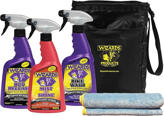 Wizards Motorcycle Cleaning Kit - Bike Wash Foam and Rinse, Quick Detailer Spray, and Bug Remover with Fiber Cloth and Detailing Bag - Portable Motorcycle Wash Kit with Accessories