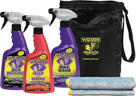Wizards Motorcycle Cleaning Kit - Bike Wash Foam and Rinse, Quick Detailer Spray, and Bug Remover with Fiber Cloth and Detailing Bag - Portable Motorcycle Wash Kit with Accessories