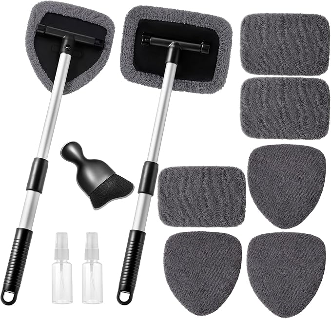 11pcs Windshield Cleaner Tool, Car Window Cleaning Wash Kit with 6 Reusable Microfiber Pads 2 Spray Bottles and Extendable Handles Auto Glass Wiper Kit, Gray