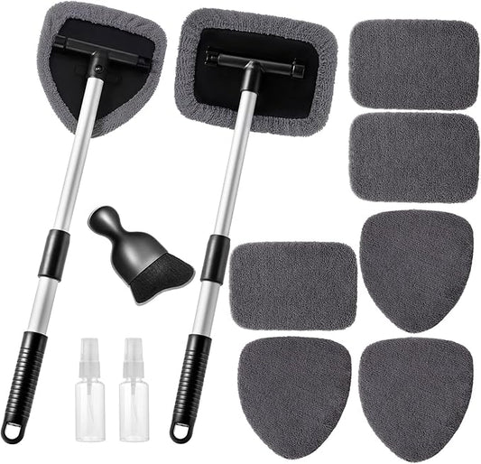 11pcs Windshield Cleaner Tool, Car Window Cleaning Wash Kit with 6 Reusable Microfiber Pads 2 Spray Bottles and Extendable Handles Auto Glass Wiper Kit, Gray