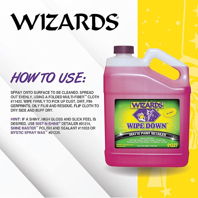 Wizards Wipe Down Spray - Matte Spray Paint Wrap For Cars - Auto Detailing Supplies For Flat Clear, Suede and Denim Finishes - Removes Dust and Oily Residue - Safe For All Paints - 1 Gallon