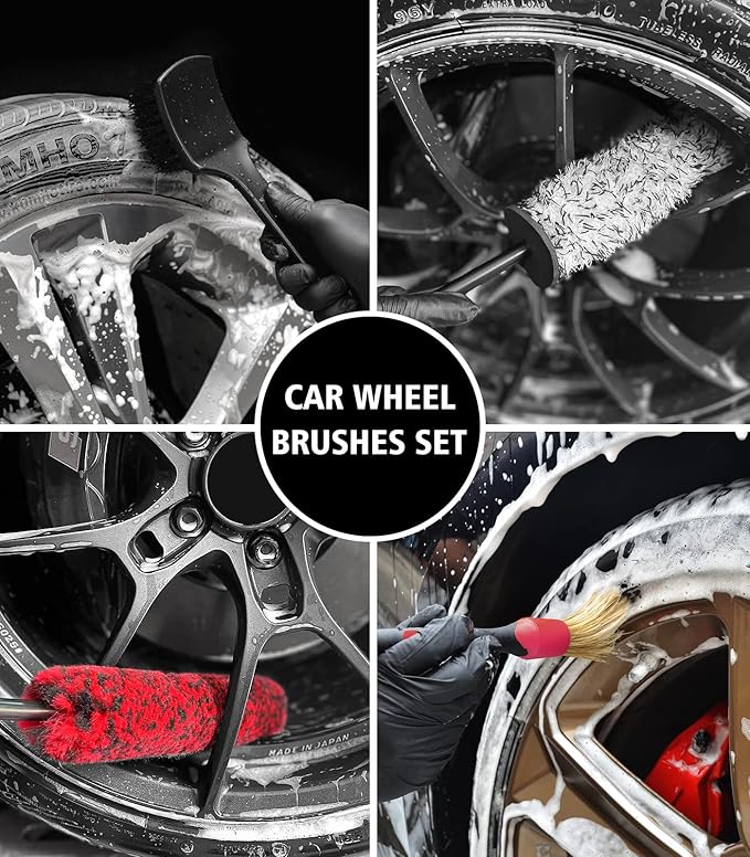 YeewayVeh 4Pack Car Wheel Cleaning Kit, Bendable Wheel Brush and Microfiber Rim Cleaner Brush, Tire Brush and Car Detailing Brush, Soft & No-Scratch Car Wheel Rim Brush Set for All Wheel Types, Red