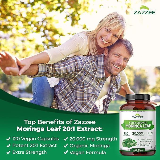 Zazzee Organic Moringa 20:1 Extract, 20,000 mg Strength, 120 Vegan Capsules, 100% Pure Oleifera Leaf Superfood, Concentrated and Standardized 20X Extract, All-Natural, Non-GMO, Made in The USA